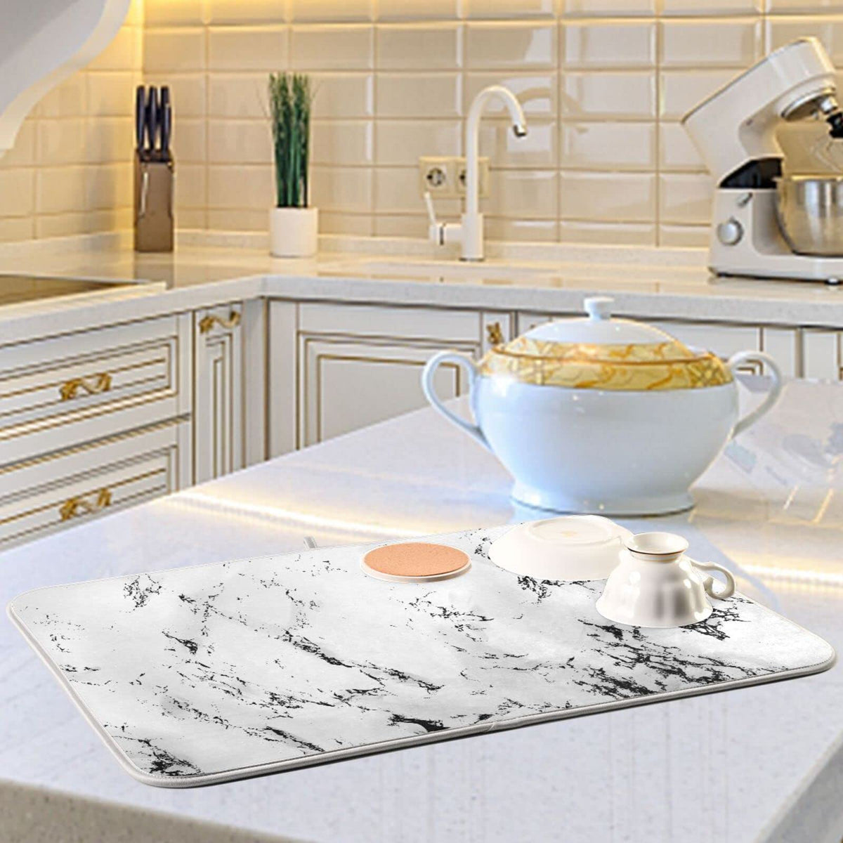 Super Absorbent Dish Drying Mat (White Marble / 16" x 18")