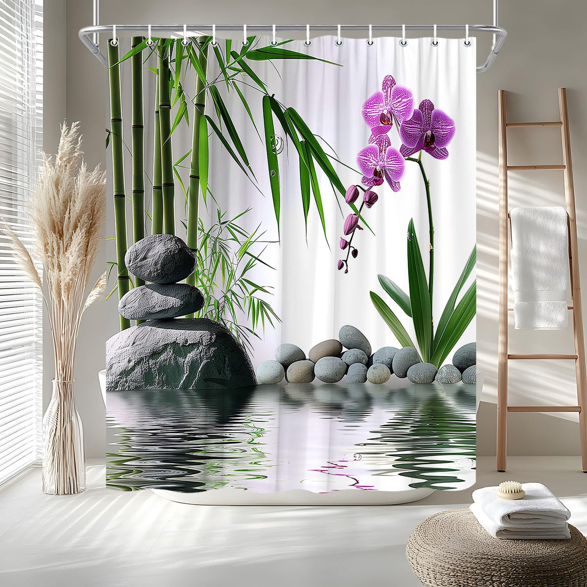 Zen Shower Curtain Green Bamboo Purple Orchid Flower Stone Asian Garden Relax Spring Nature Theme Bath Curtain Fabric Bathroom Accessories Decor with Hooks 60W x70L (Green / 70.00"LX60.00"W)