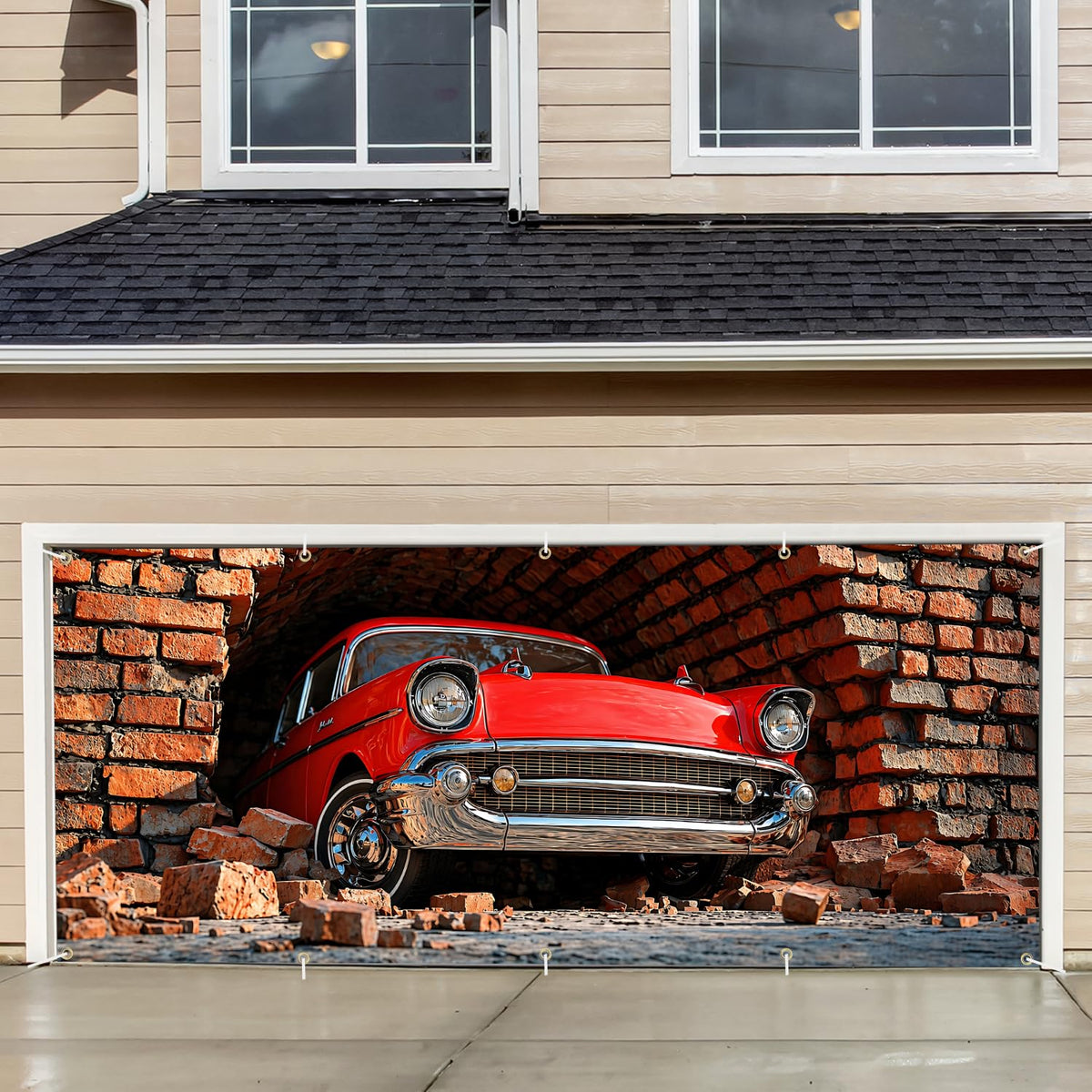 Red Classic Car Garage Door Banner Mural (204 / 7 x 16 ft)