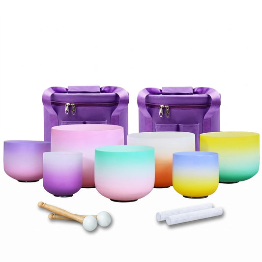 7PCS 432Hz Rainbow Quartz Crystal Singing Bowls Set for Meditation (7-12inch 432hz Multicolored 7PCS)