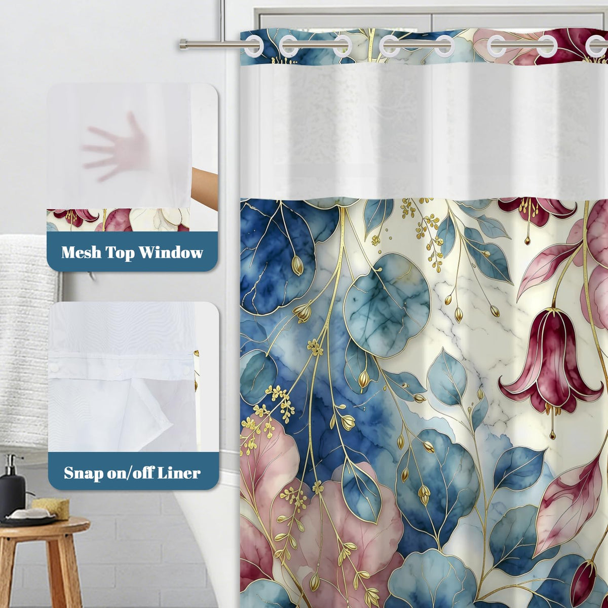 Luxury Art Floral Shower Curtain with Snap in Removable Liner (Abstract Floral)