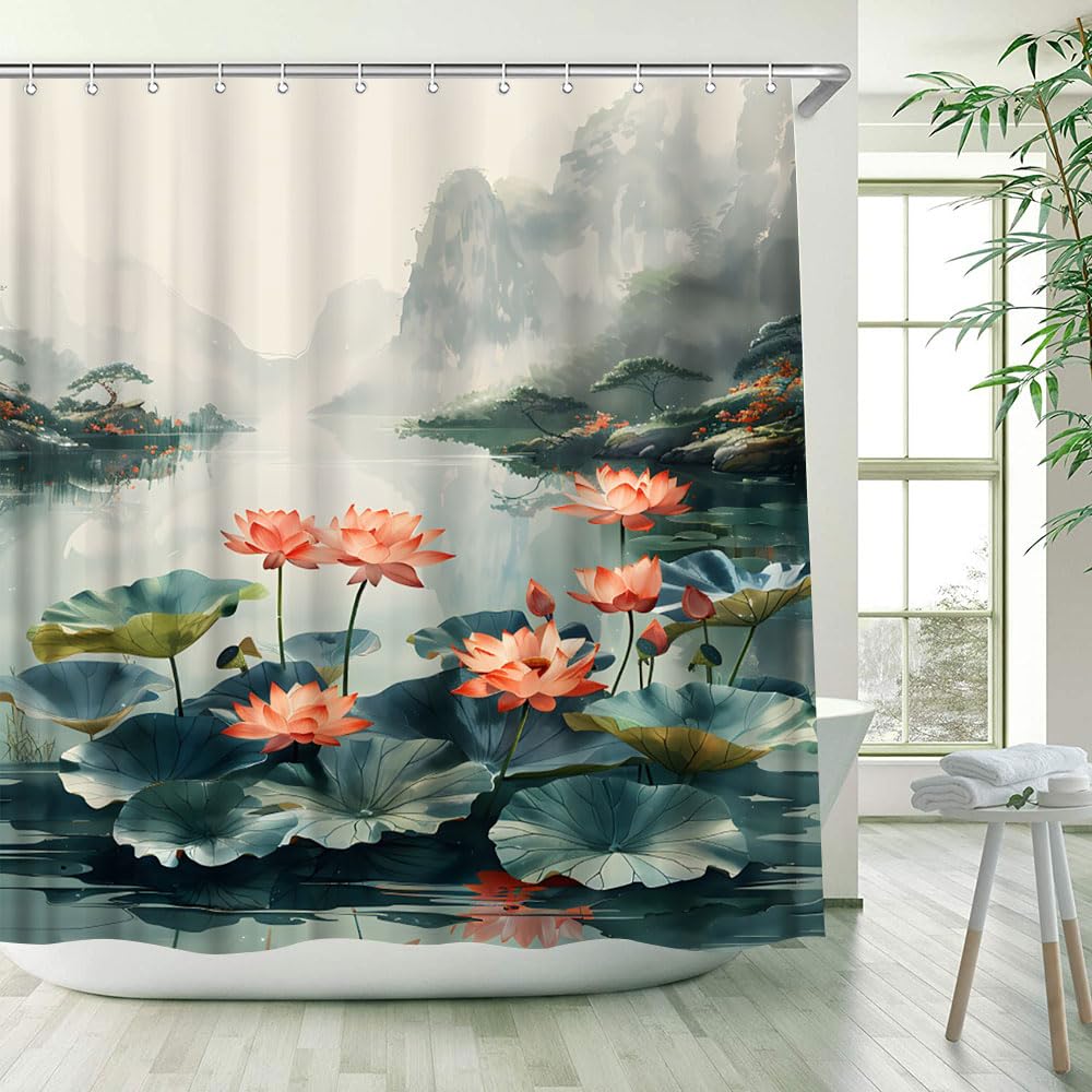 Lotus Shower Curtain Asia Floral Elegant Flowers Green Leaves Mountain Lake Chinese Painting Watercolor Nature Scenery Bathroom Decor Fabric Curtains with Hook 35Wx70H Inches (Green / 35"W x 70"L (Pack of 1))