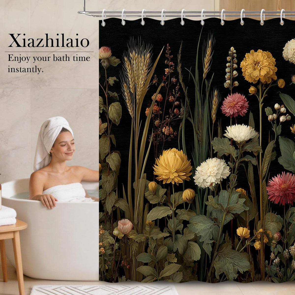 Dark Botanical Floral Shower Curtain with Hooks (Dark Flowers / 72"W x 78"L (Pack of 1))