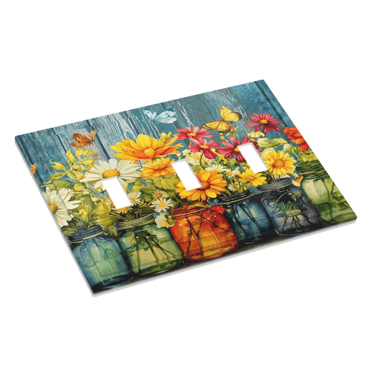 Country Rustic Daisy Flowers Butterfly 3 Gang Electrical Outlet Light Switch Cover Decorative Farmhouse Home Vintage Family Colorful Floral Triple Toggle Switch Face Wall Plate Covers (Country Rustic Daisy Flower Butterfly / 3 Gang Toggle Mid)