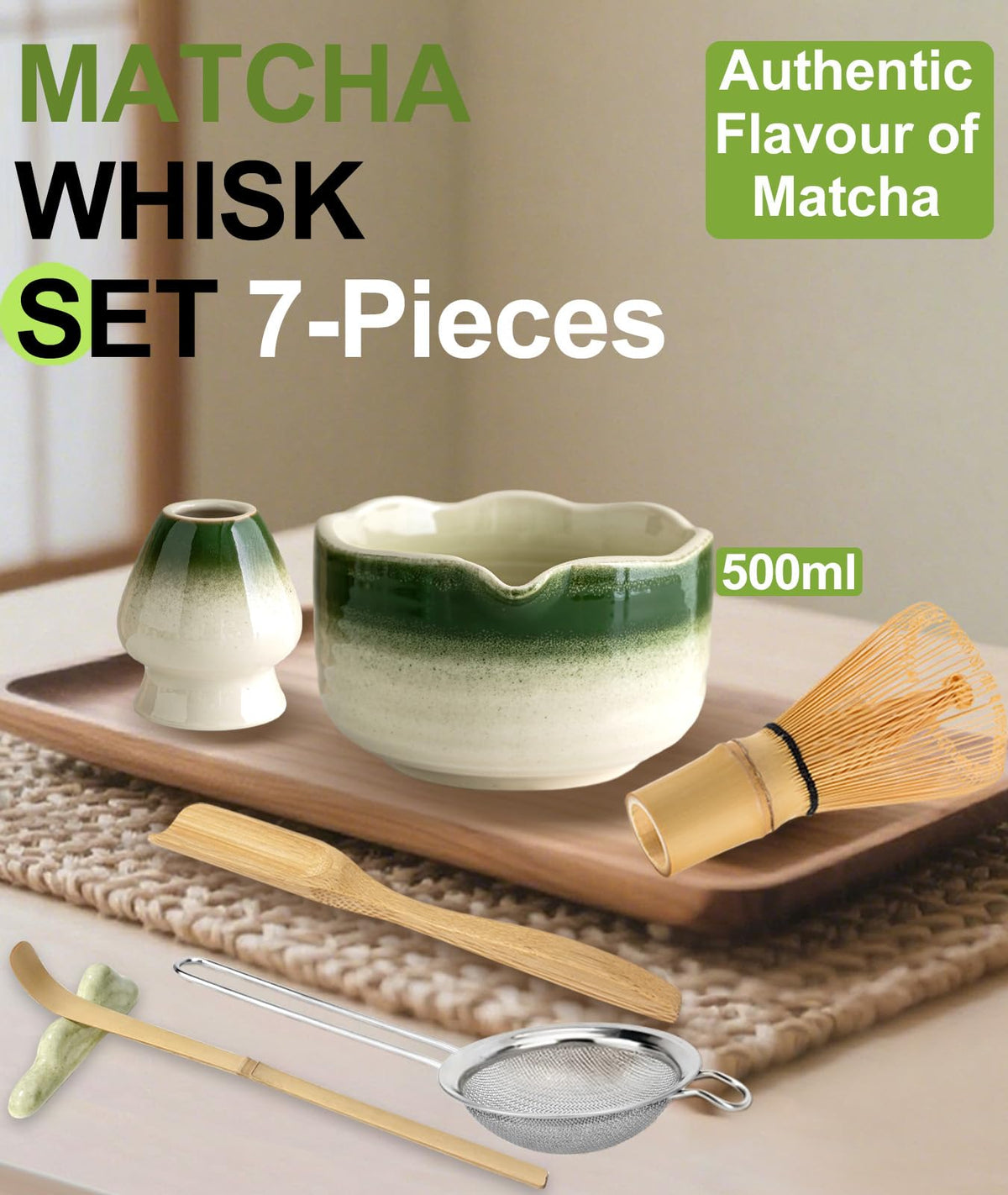 Matcha Set 7PCS Ceramic Matcha Whisk Set for Matcha Tea Ceremony (Gradient Green)