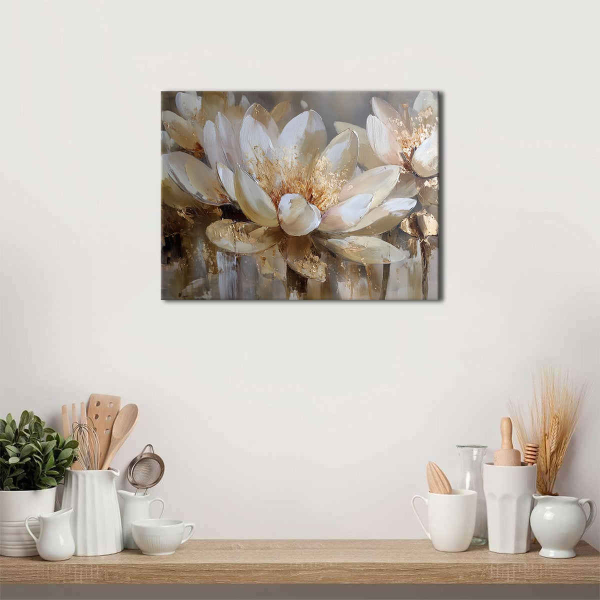 Lotus Wall Art Decor White and Gold Flower Canvas Pictures for Spa Yoga Room Zen Meditation Painting Poster Abstract Floral Canvas Prints Calming Spiritual Artwork for Living Room Home Decorations 12x16" (16"L x 12"W / Lotus)
