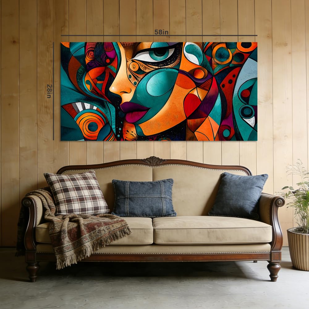 Colorful Abstract Face Canvas Wall Art Modern Cubist Portrait Painting Print Gallery Wrapped Geometric Woman Artwork for Living Room Bathroom Bedroom Decor (Mysterious / Red Face Abstract 12 / 58"L x 28"W)