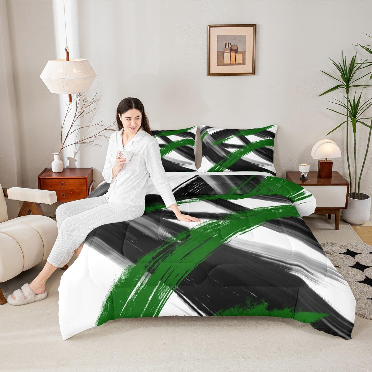 Black Green Comforter Set King Size Abstract Geometric Bedding Set for Boys Girls Modern Minimalist Duvet Quilt Room Decor Breathable Soft Microfiber All Season 3Pcs with 2 Pillow Cases (Multi 45686 / King)