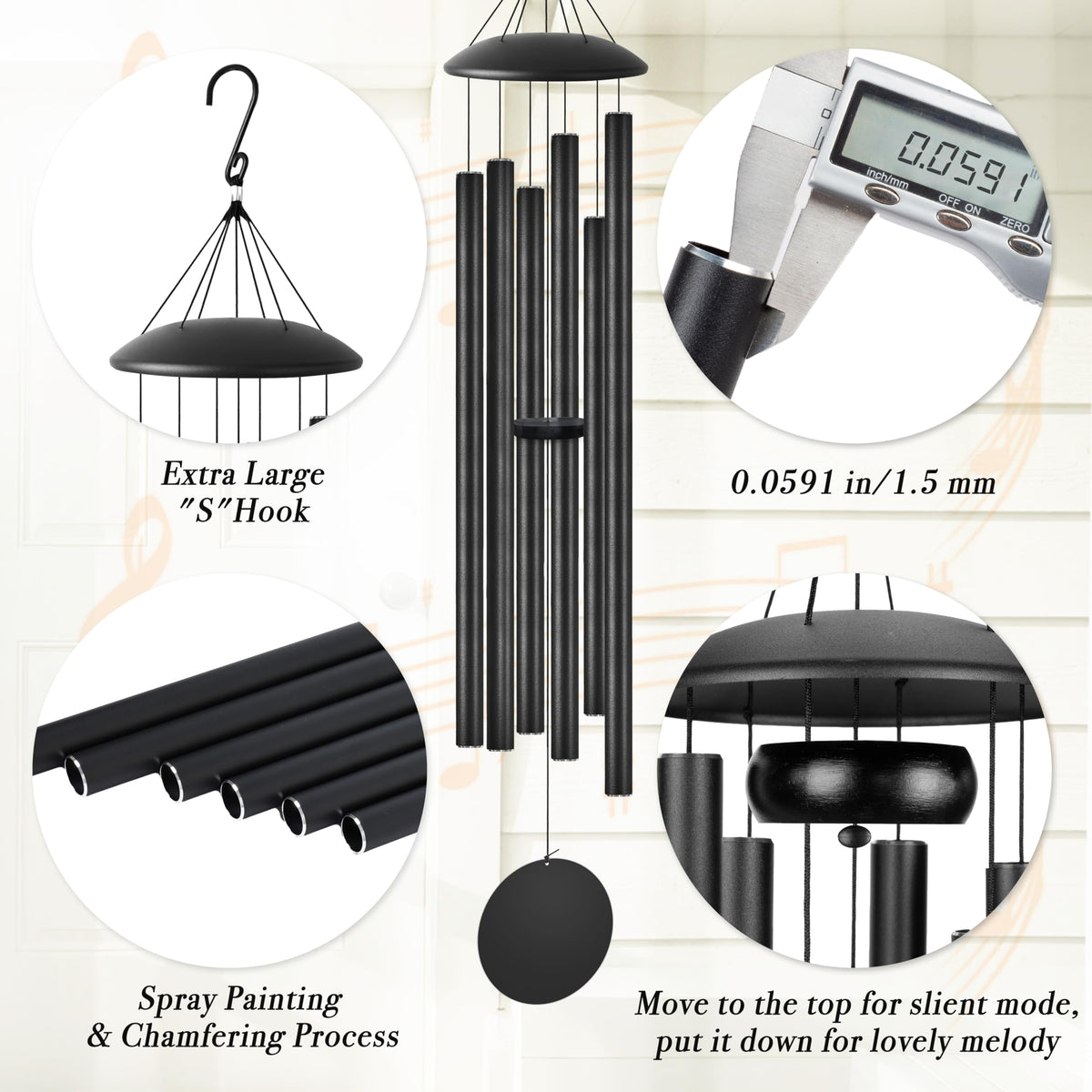 60" Extra Large Wind Chimes for Outside Deep Tone Wind Chimes Garden Decor (Black Thick / 60")