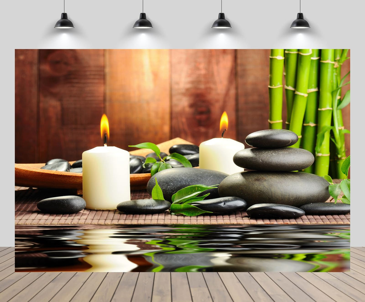 10x8ft Zen Garden Backdrop Bamboos Candles Basalt Stone Spa Water Zen Stone Relaxation Japanese Background Meditation Spa Birthday Wedding Party Decor Photo Booth Studio Props Wallpaper (10x8FT / B1-4807)