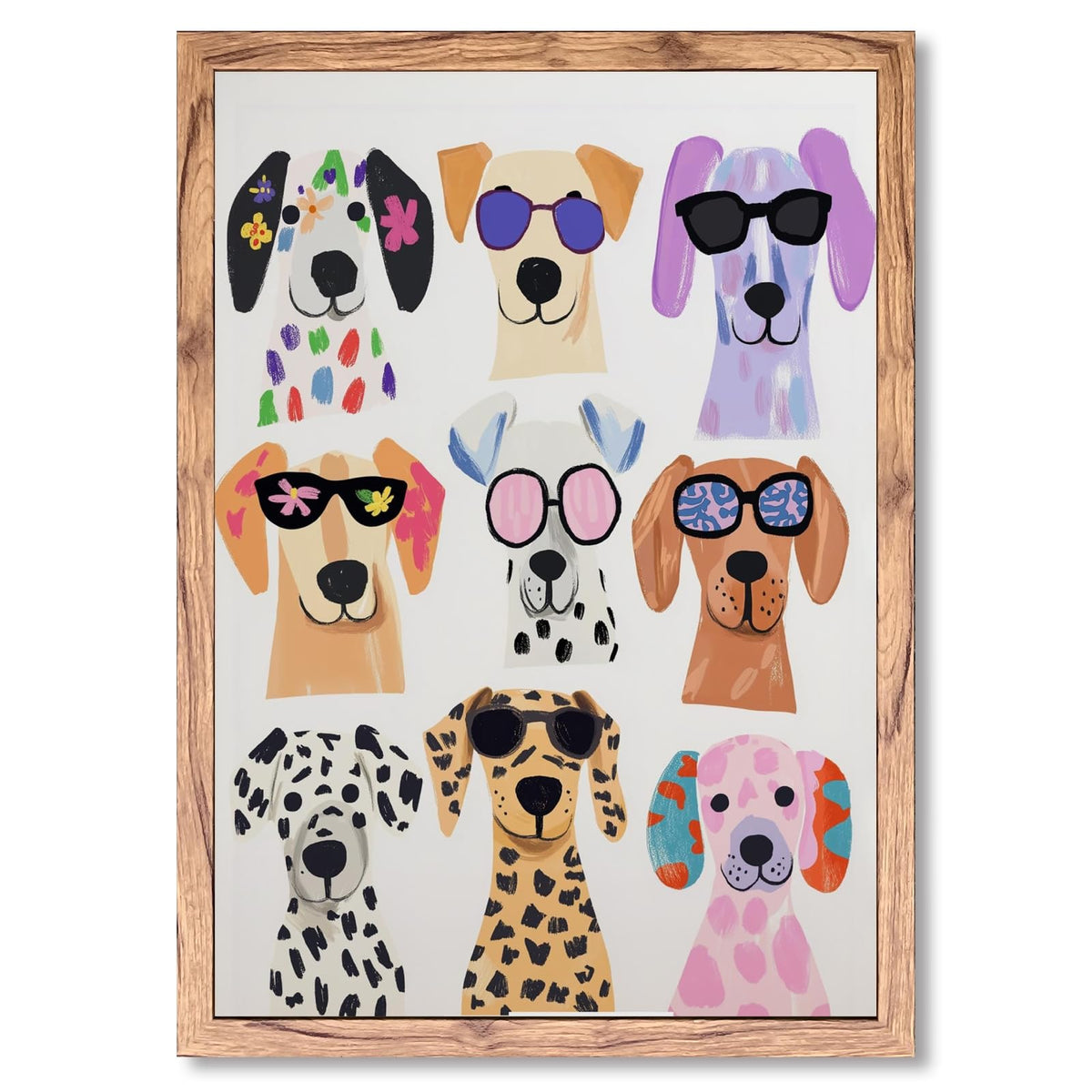 Wood Frame Colorful Funny Dog Wall Art Cool Pet Portrait Canvas Print Trendy Puppy Poster Cute Dogs Wearing Sunglasses Artwork Maximalist Animal Decor for Dorm Bedroom Nursery 20x30inch (20"L x 30"W / style-2 Wood Framed)