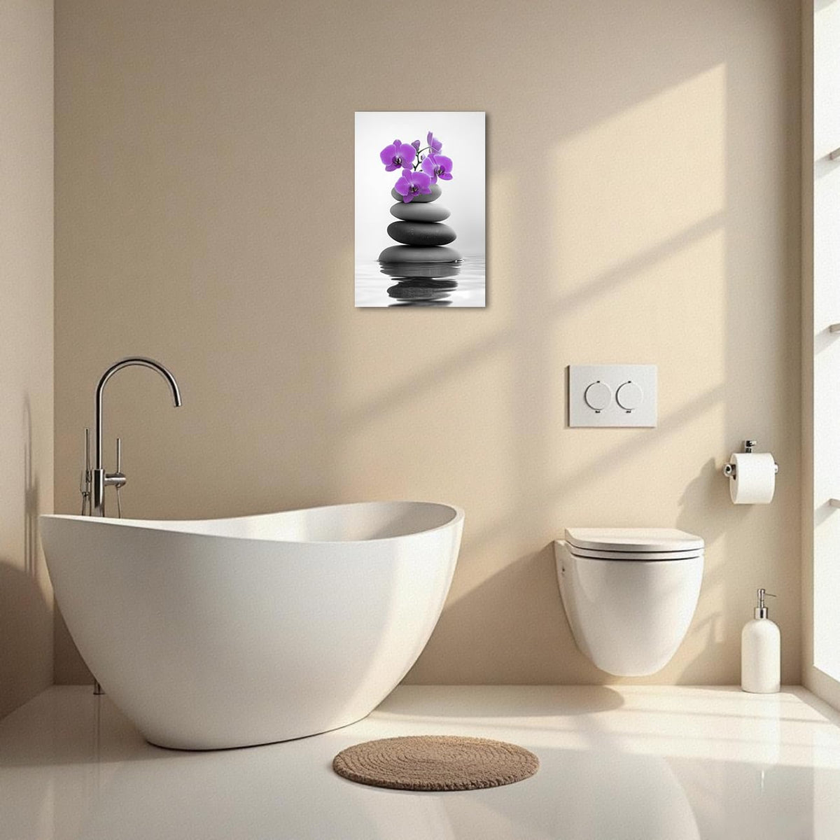 Zen Canvas Wall Art Spa Bathroom Poster Orchid Flowers and Zen Stones on Water Pictures Print Meditation Spiritual Artwork Yoga Zen Room Decor Framed (Purple / 42L" x 28W")