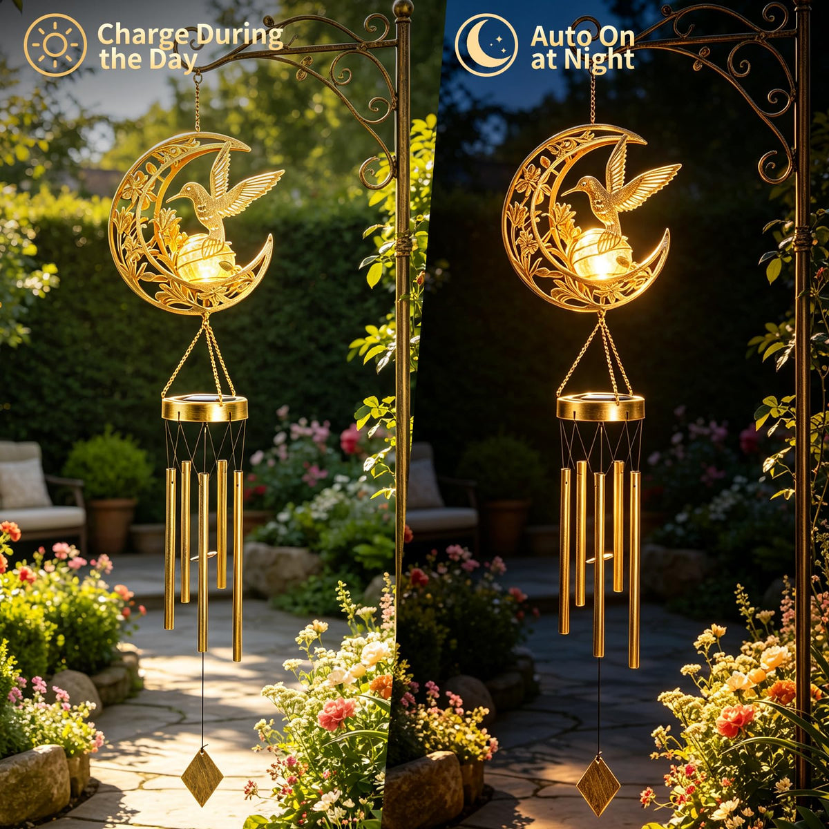 Solar Wind Chimes Hummingbird Gift for Women Cracked Glass Light Wind Chime (Hummingbirds)