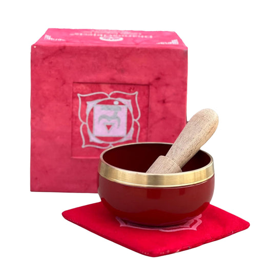 Tibetan Root Chakra Premium Palm Size Singing Bowl Gift Box Set (Red)