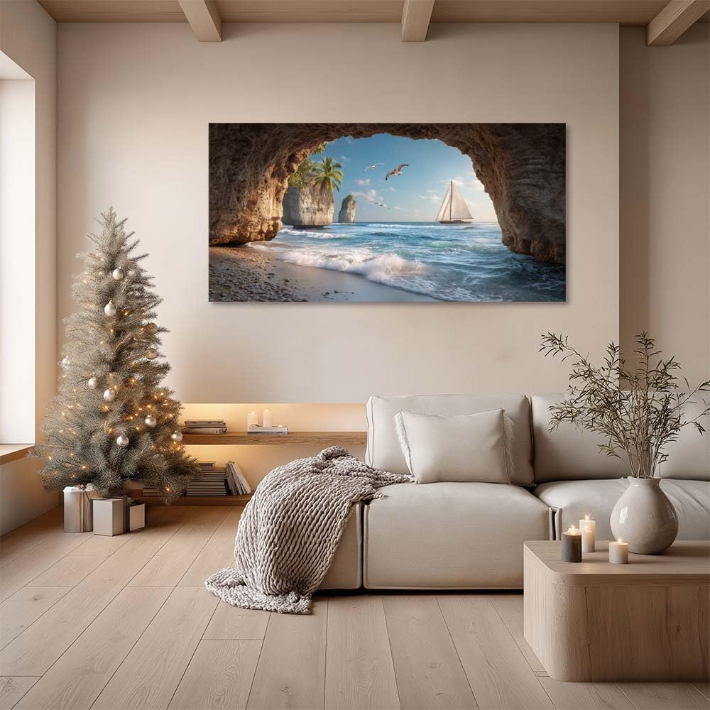 Scenic Ocean Cave View Canvas Wall Art Coastal Sailboat Tropical Island Beach Landscape Painting Gallery Wrapped Relaxing Nature Print Artwork for Living Room Bedroom Bathroom Decor (Coastal / Beach Cave Sailboat 34 / 58"L x 28"W)