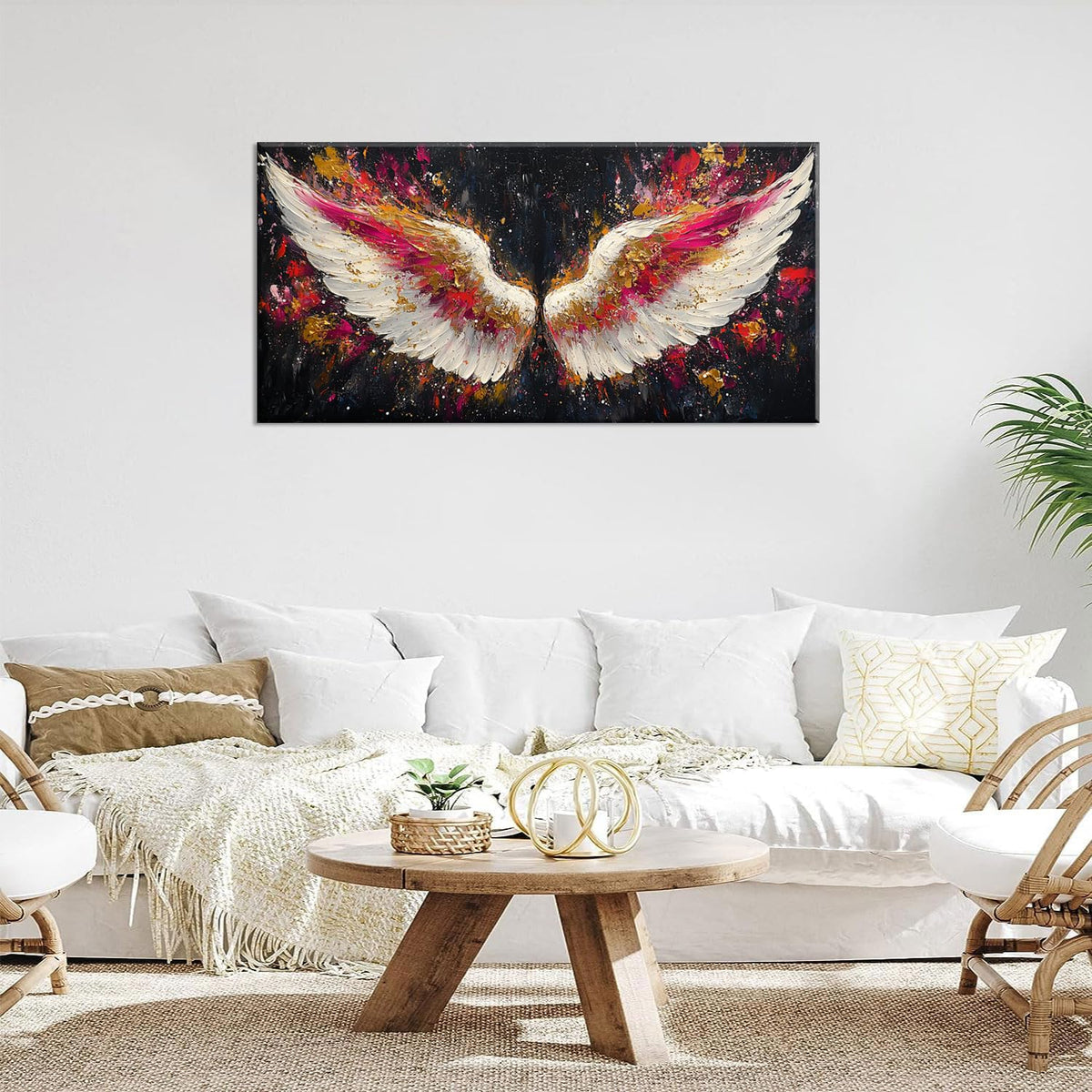 Multicolor Angel Wings Wall Art for Living Room Office Divine Inspiration Splatter Paint Art Painting Prints Contemporary Canvas Artwork Dining Bedroom Decor Extra Large (Contemporary / White Gold Red Angel Wings Wall Art / 58L" x 28W")