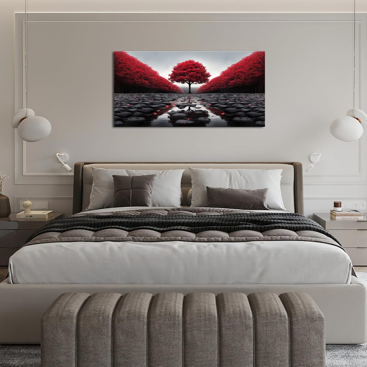 Red Tree Wall Art Tree of Life Large Zen Pictures Wall Decor Black and White Stone Canvas Prints Modern Framed Artwork for Living Room Bathroom Bedroom Office Spa Yoga 60"x30" (60"L x 30"W / Black And Red-zen)