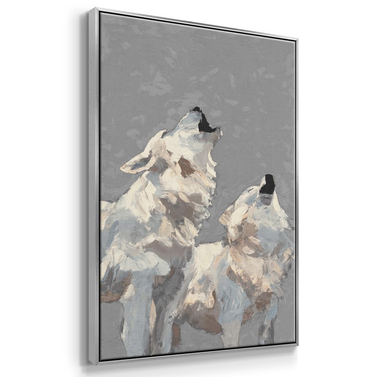 Animals Wall Art Prints for Living Room White Midnight Wolves Howling Abstract Silver Floater Frame Paintings for Kitchen Office Home (37"L x 25"W / Midnight Wolves II)