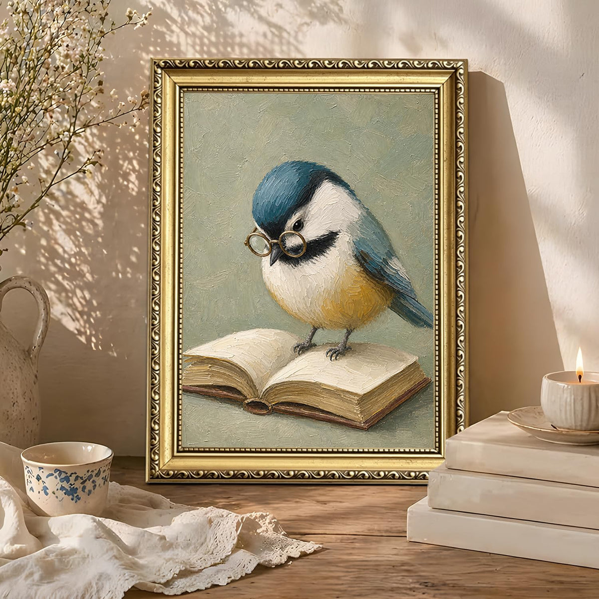 Vintage Blue Bird Reading Wall Art Cute Bird Book Lover Wall Decor Picture Whimsical Animal Poster Canvas Painting Print for Library Living Room Bedroom 24x16 in Gold Framed (Animal-DD / 24"L x 16"W)