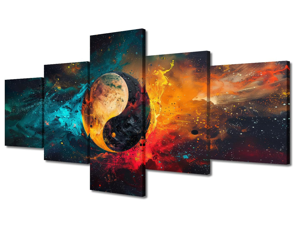 Canvas Wall Art Cosmic Yin Yang With Celestial Bodies Five Panel Framed Painting Modern Home Decor Space Theme Wall Art Galaxy Bedroom Decor Ready to Hang 50" Wx24 H (50''Wx24''H / Artwork-10)