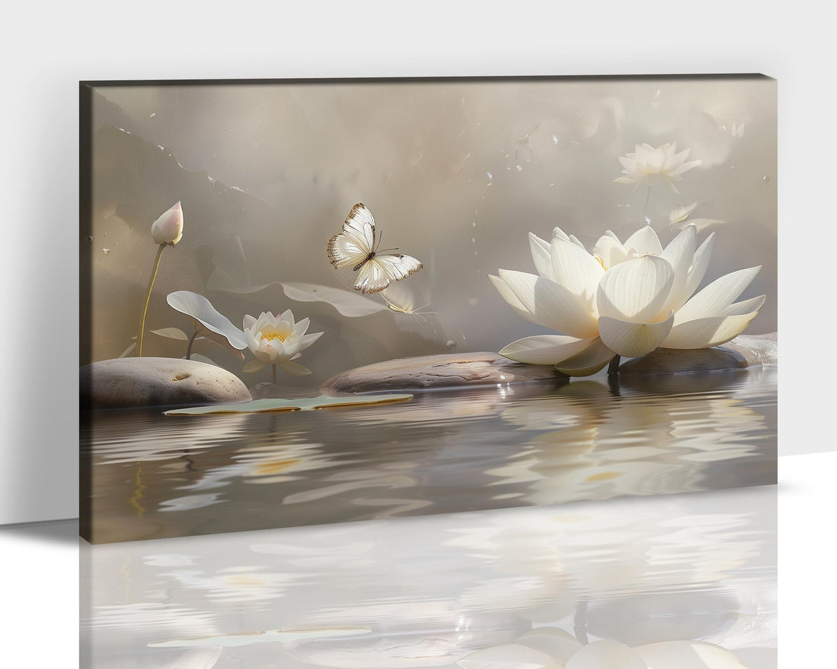 Zen Wall Art White Lotus Flower Canvas Art Print for Spa Bathroom Decor (Zen Stones Canvas Frame-18 / 36"L x 24"W)