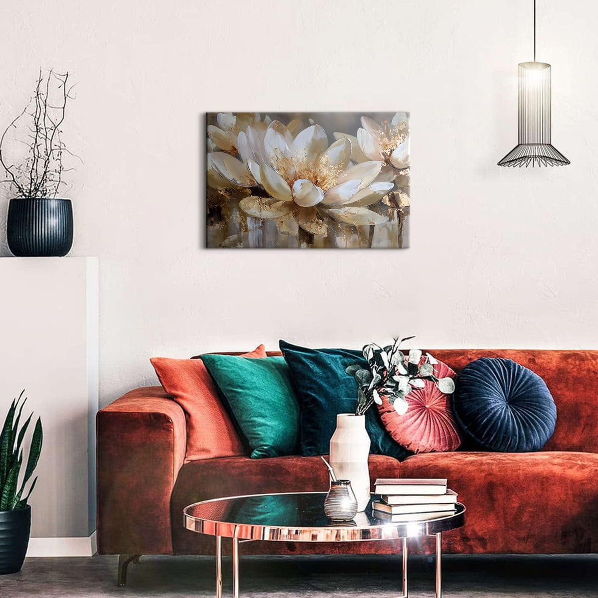 Lotus Flower Wall Art Abstract Floral Wall Decor Vintage White and Gold Flowers Canvas Wall Prints for Living Room Bedroom Zen Meditation Paintings Spa Yoga Posters Artwork Office Decoration 16x24" (24"L x 16"W / Lotus)