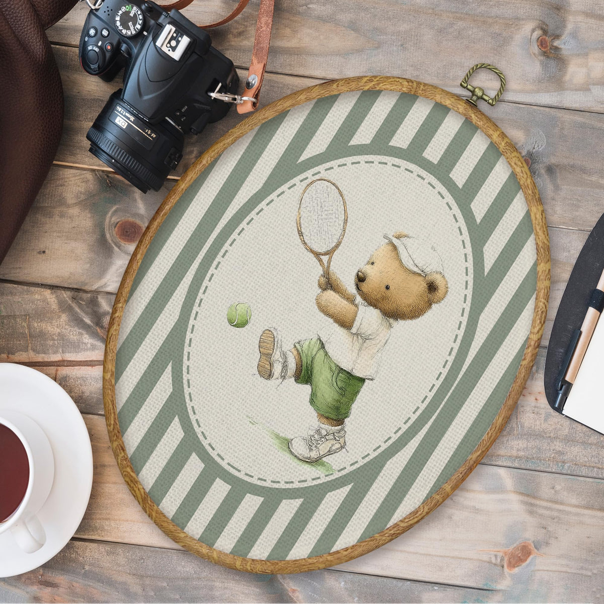 Tennis Bear Nursery Oval Wall Art Decor (Color036)