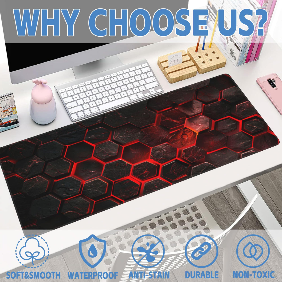 Large Gaming Mouse Pad for Desk (11.8" x 31.5" / Red Honeycomb Science Technology)