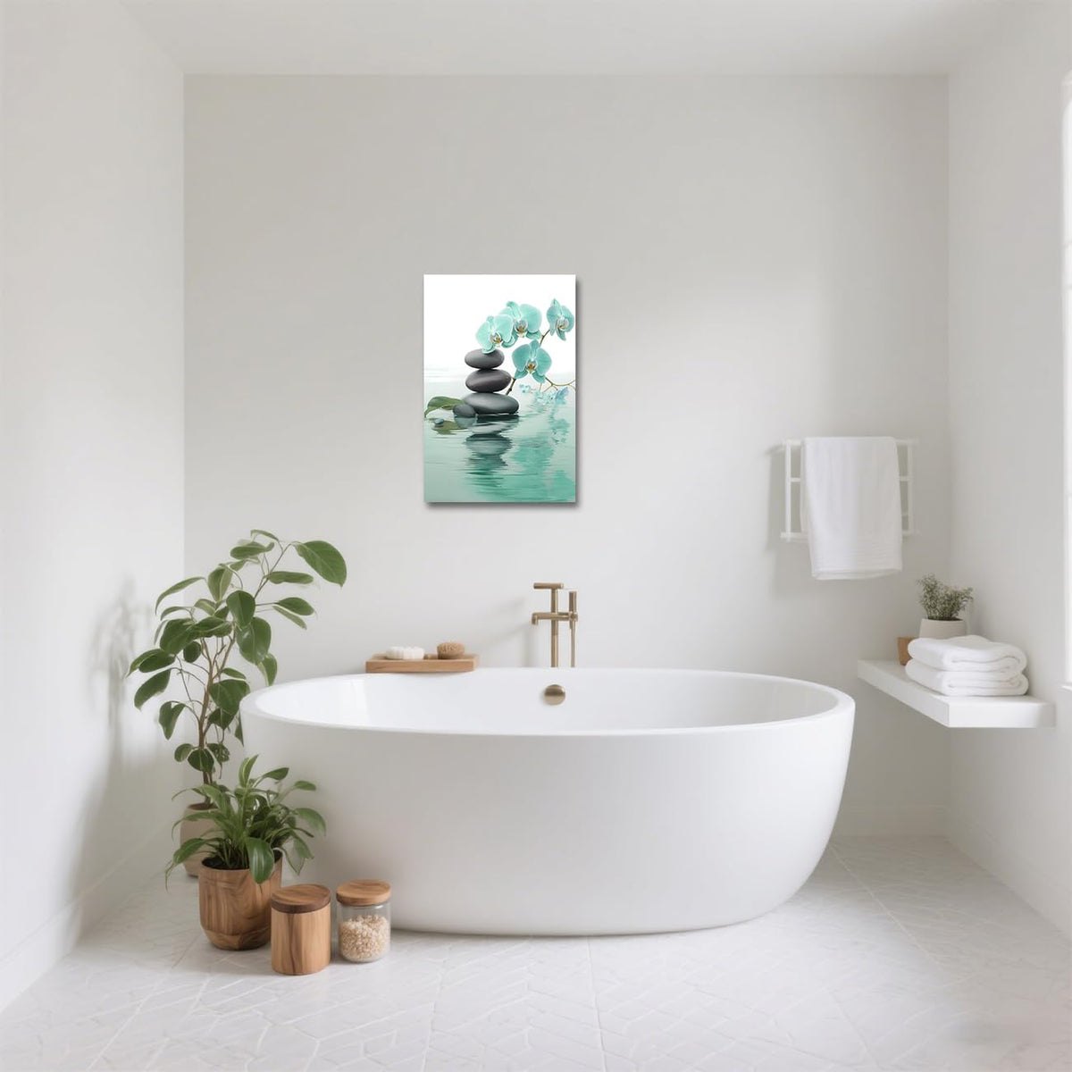 Zen Bathroom Wall Art Orchid Flower with Zen Stones Pictures Spa Painting Still Life Canvas Prints for Meditation Spiritual Room Decor Framed (Teal / 30L" x 20W")
