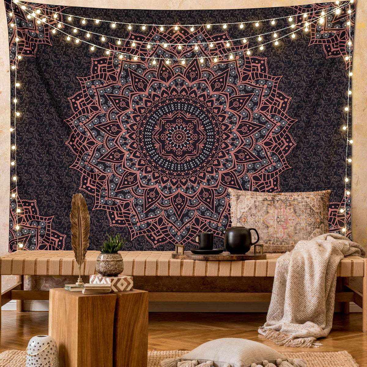Black Pink Mandala Tapestry Wall Hanging Vintage Tapestries Aesthetic Hippie Decor Bohemian Wall Art Boho Home Decoration for Bedroom (91"L x 71"W / Black and Pink Mandala Tapestry)