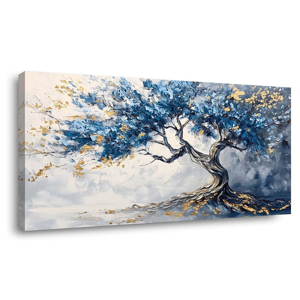 Blue and Gold Tree of Life Canvas Wall Art Modern Abstract Botanical Painting Flat Print Gallery Wrapped Artwork for Living Room Bedroom Bathroom Decor (Bohemian / White Tree of Life 28 / 40"L x 20"W)