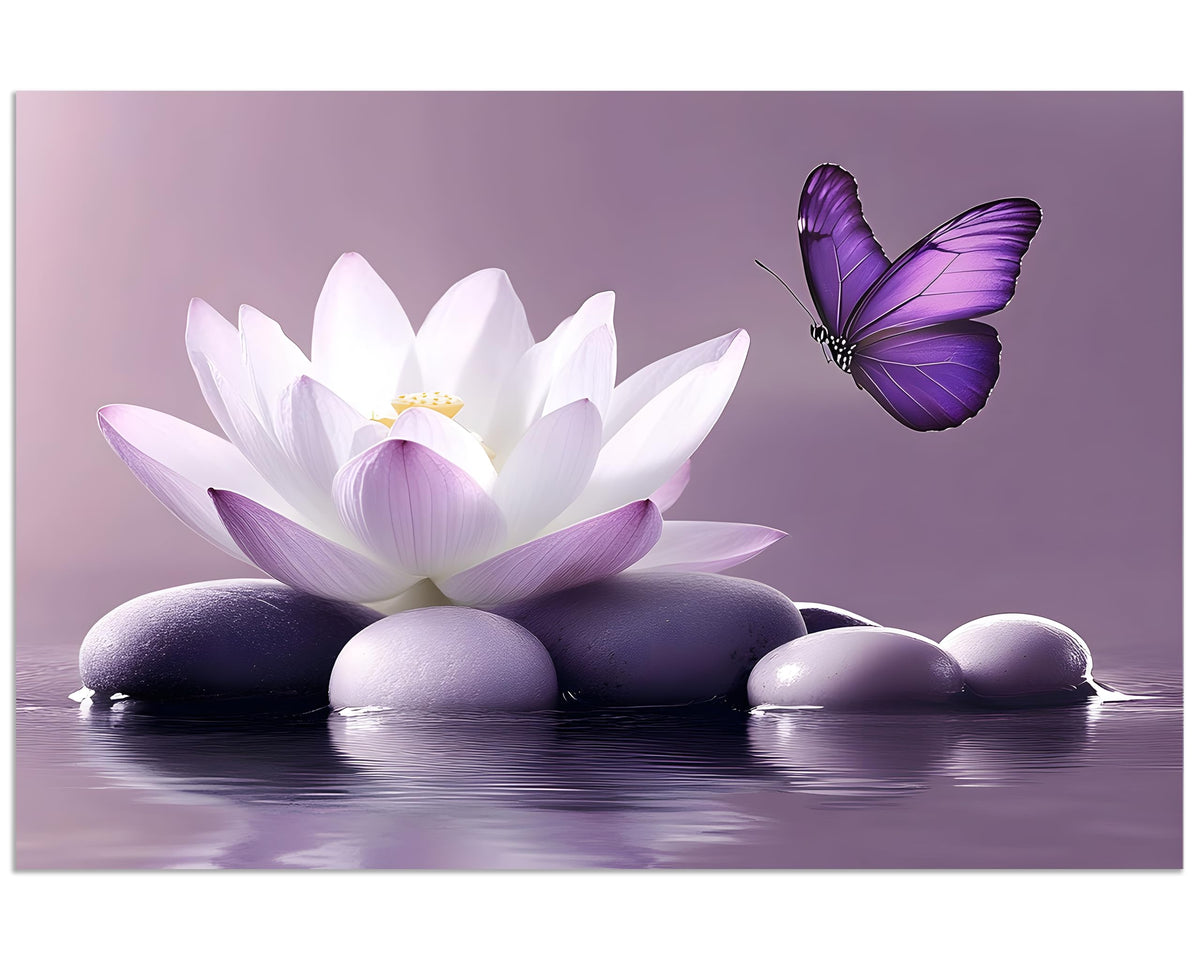 1 Panel Purple Wall Art Purple Pictures Wall Decor Zen Stone Water Lily and Butterfly on the Lake Pictures Poster Spiritual Yoga Spa Painting for Living Room Bedroom (36"L x 24"W / Purple Zen)