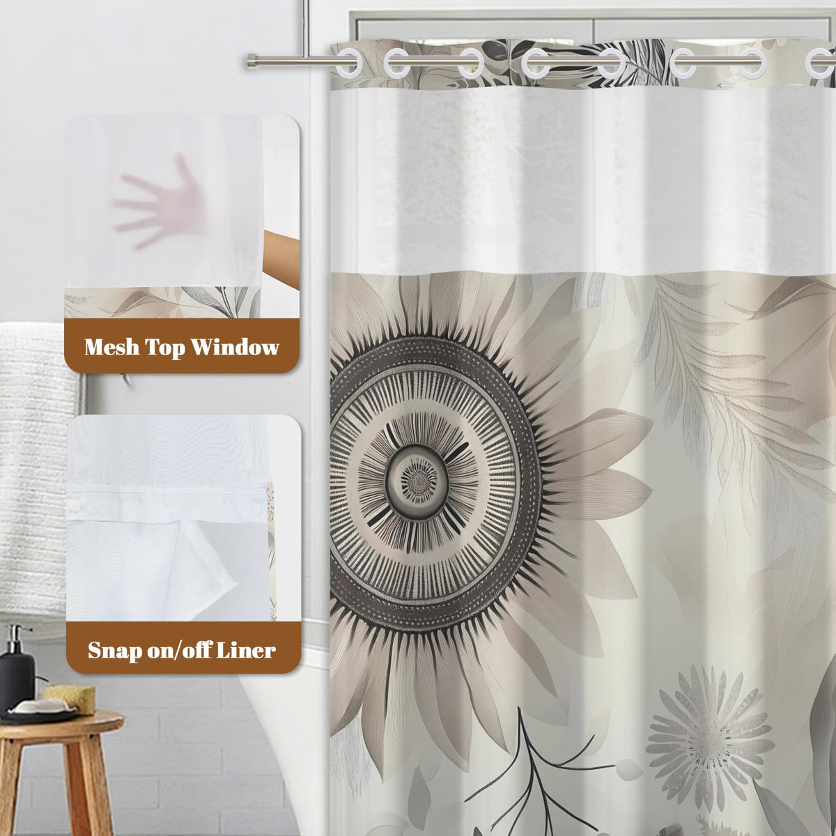 Neutral Botanical Shower Curtain with Snap in Removable Liner (Boho Floral)