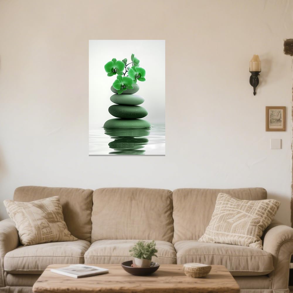 Zen Wall Art Stones Picture Orchid Canvas Painting Green Zen Water Prints Spa Bathroom Decor Meditation Yoga Room Office Home Framed (Green / 28" x 42")