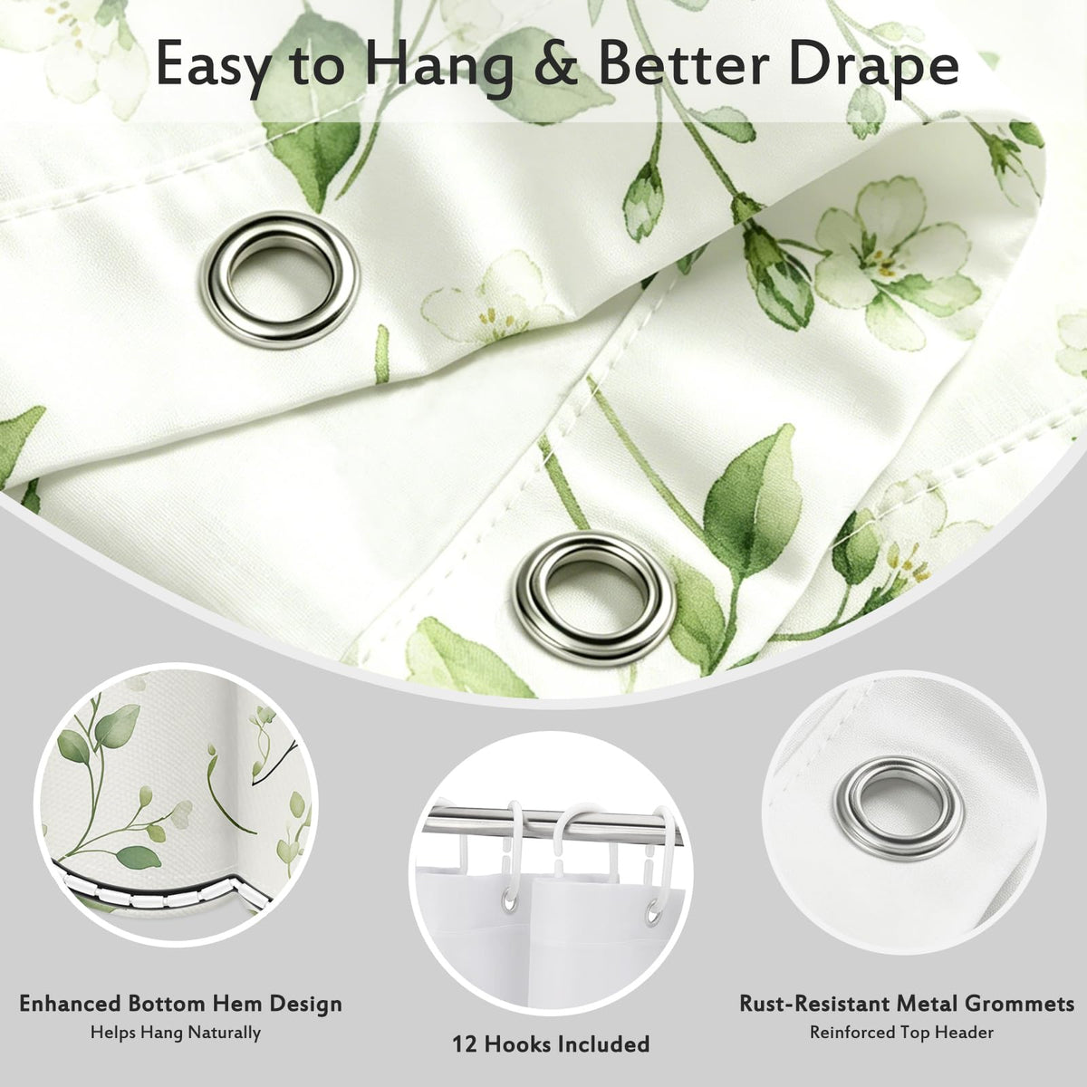 Watercolor Sage Green Leaves Shower Curtain Floral White Flowers Vines Eucalyptus Boho Modern Nature Aesthetics Bathroom Bath Decor Bathtub Curtain Fabric Shower Curtain Set with 12 Hooks (Sage Green - Botanical / 72"W x 72"L (Pack of 1))