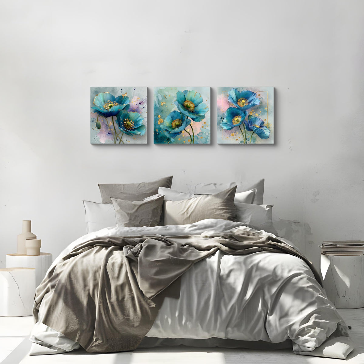 3Pcs Blue Teal Poppy Flower Wall Art Canvas Print with Gold Accents Modern Botanical Floral Contemporary Watercolor Style Elegant Flower Artwork for Living Room Bedroom Home Office Wall Decor (20 x 20 inches (3-Piece Set) / Blue Poppy)