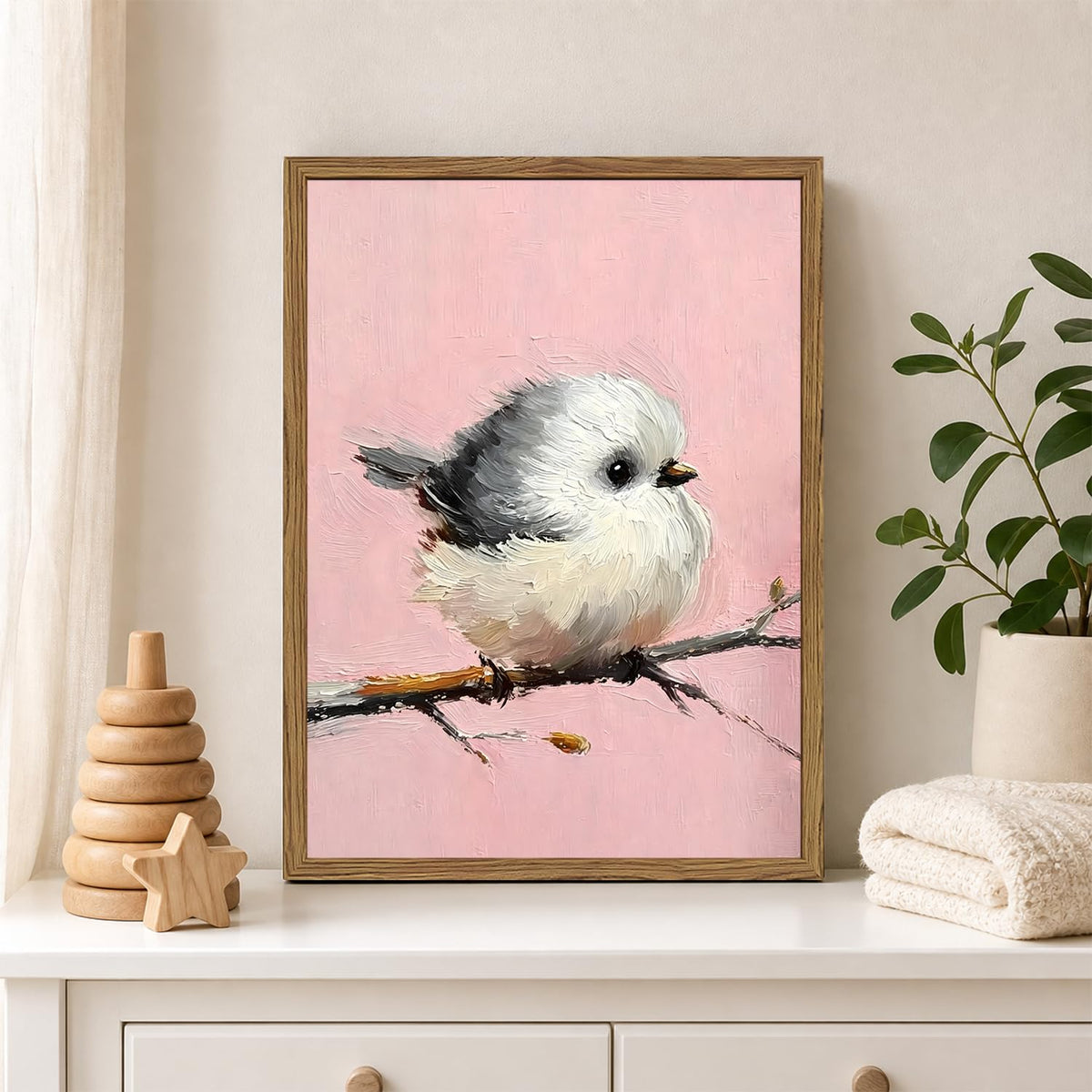 Cute Bird Wall Art Vintage Chickadee on Branch Wall Decor Picture Rustic Animal Poster Canvas Painting Print for Living Kids Room Bedroom 24x16 inch Wood Framed (Animal-M / 24"L x 16"W)