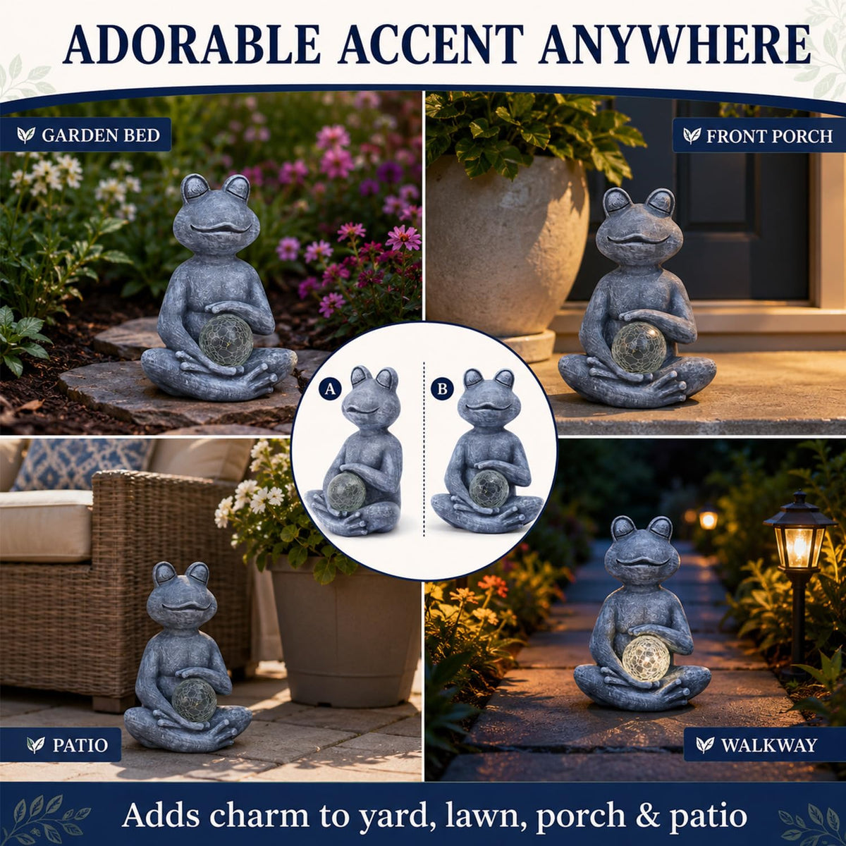 Solar Meditating Yoga Frog Statue 6.8L x 9.65H (Gray)