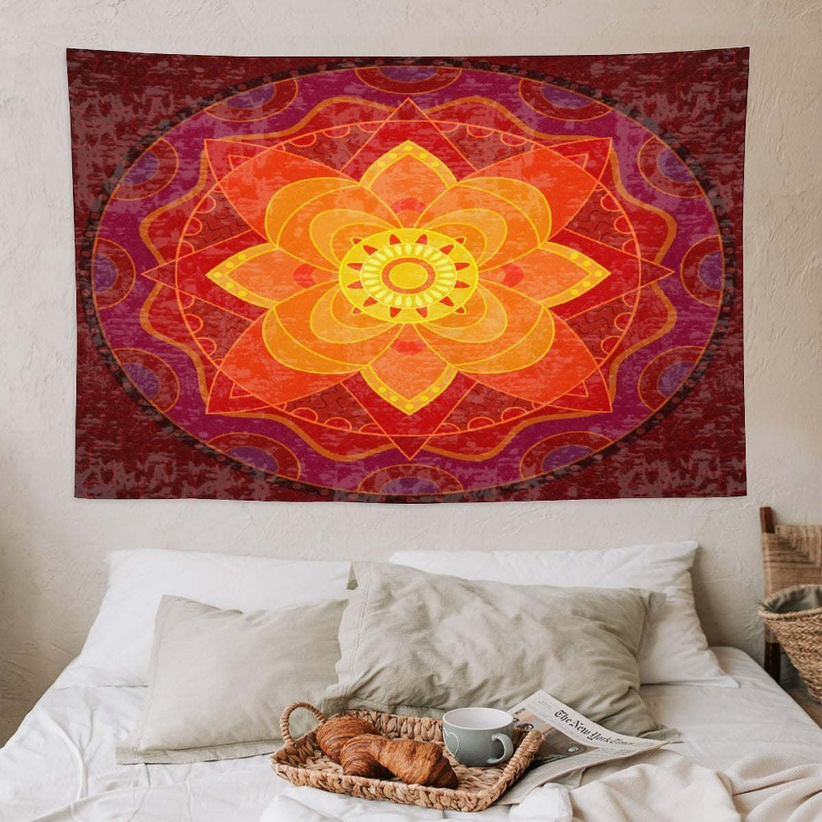 Red Mandala Tapestry Wall Hanging Bright Circular Ethnic Pattern Native Indian Ornament Tapestries Home Decor for Living Room Bedroom Kitchen Dorm 40"x60" (40"L x 60"W / Mandala-9)