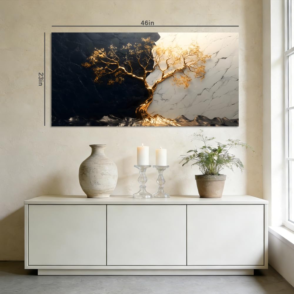 Black and White Marble Gold Tree of Life Canvas Wall Art Modern Abstract Luxury Painting Flat Print Gallery Wrapped Artwork for Living Room Bedroom Bathroom Decor (Bohemian / Black Golden Tree 29 / 46"L x 23"W)