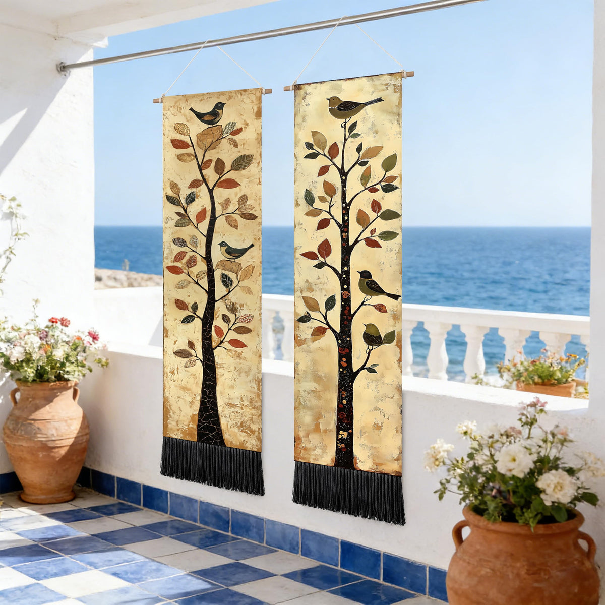 2 Pack Long Vertical Wall Tapestry (Vintage Bird Tree / 13"Wx51"H)