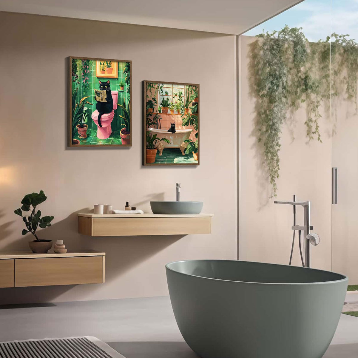 2 Pcs Wooden Framed Green Plant Bathroom Black Cat Wall Art Animal Bathroom Decor Painting Modern Canvas Prints Vintage Plant Poster Gallery Style Home Artwork 16X24Inch (Green Plant Black Cat / 16"L x 24"W)
