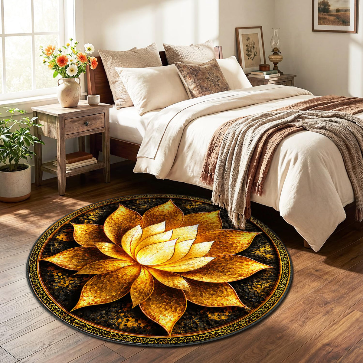 Luxury Golden Lotus Round Area Rug 4ft (85 / 4' (Round))