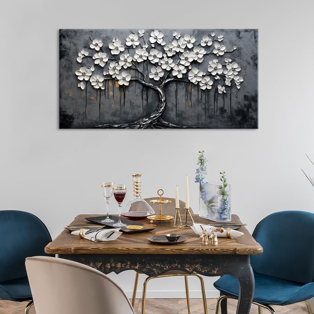 White Cherry Blossom Tree Wall Art for Living Room Office Floral Relief Modern Abstract Tree of life Painting Prints Sculptural Canvas Artwork Dining Bedroom Decor Large (Abstract / White Black Cherry Blossom Tree Wall Art / 46L" x 23W")