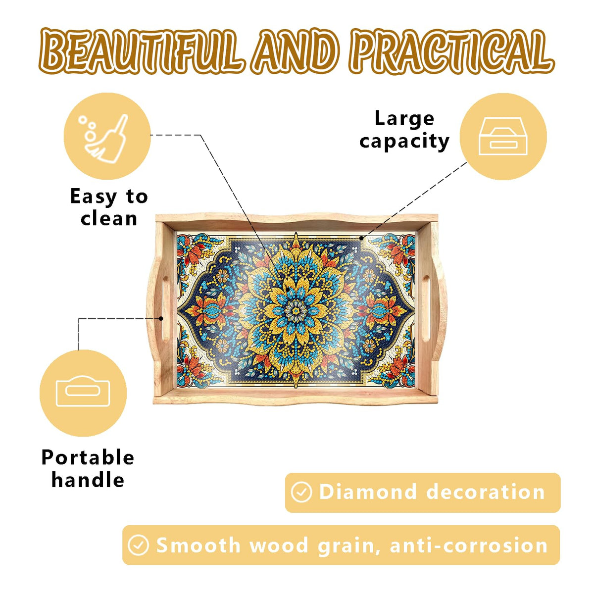 DIY Mandala Diamond Painting Serving Tray with Handle for Adults (Mandala Big C)