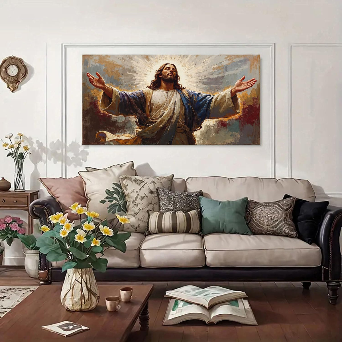 Vintage Jesus Wall Art Christian Wall Decor Large Living Room Home Decorations (48"L x 24"W / Holy God)