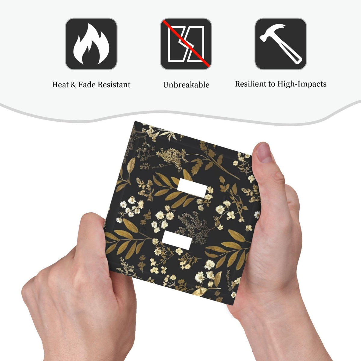 Rustic Boho Sage Leaves Triple Toggle Light Switch Cover 3 (Black Gold Vintage Leaf Floral / 2 Gang Toggle Mid)