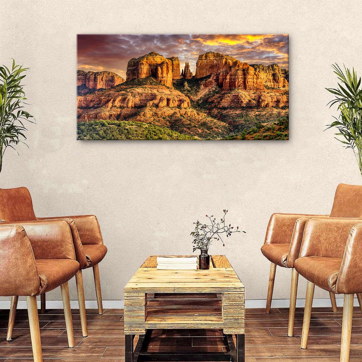Sedona Cathedral Rock Canvas Wall Art Sunset Mountain Desert Wall Decor National Park Poster Southwestern Landscape Picture Arizona Painting Natural Artwork for Bedroom Living Room Decoration 24x48" (48"L x 24"W / Cathedral Rock)