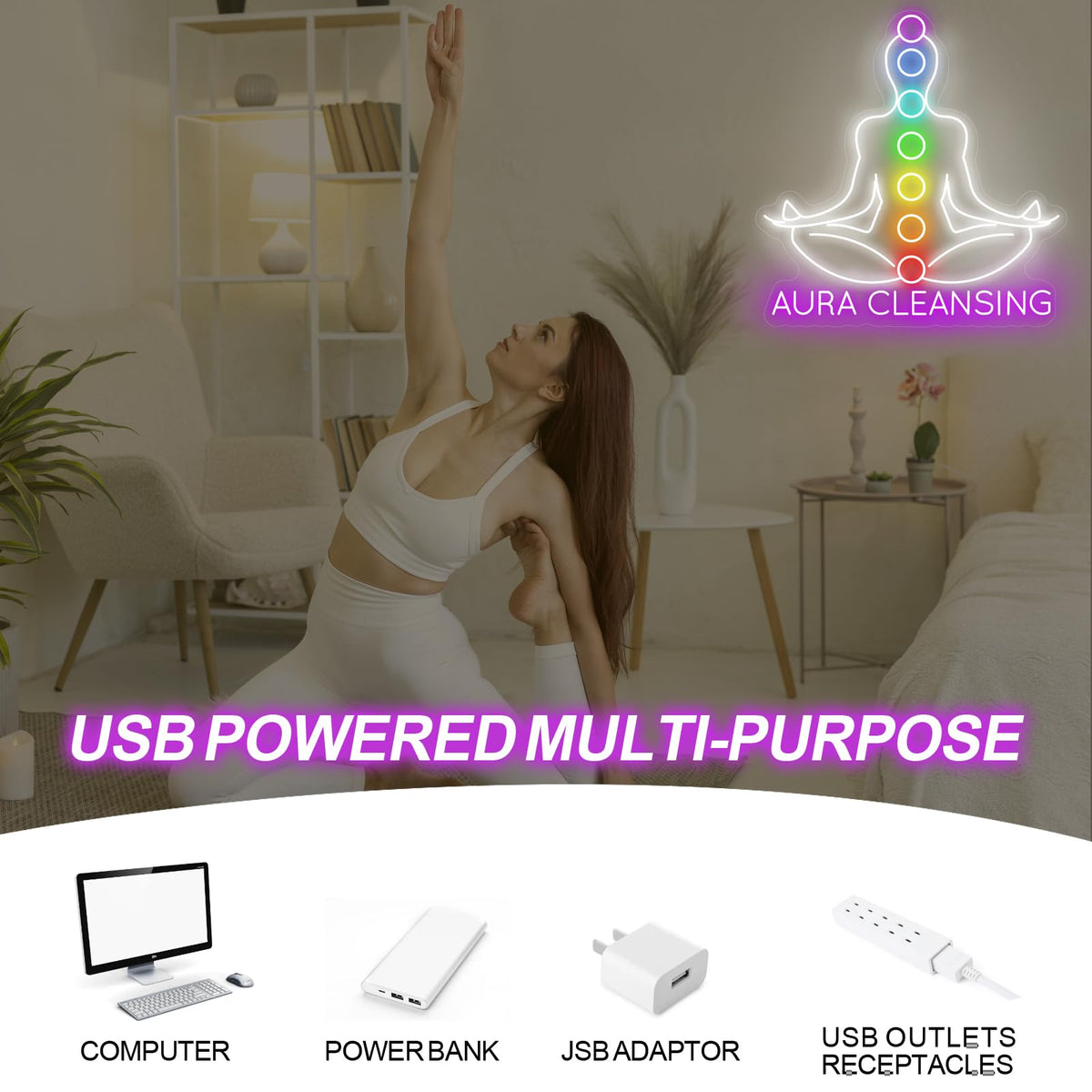 Aura Cleansing Seven Chakra Neon Sign for Yoga Studio Meditation Room Decor (Aura Cleansing)
