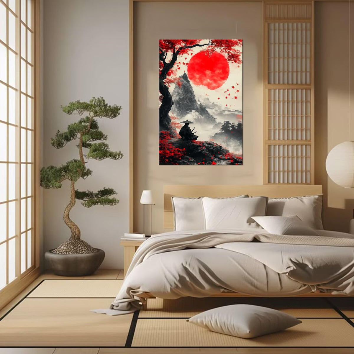 Giant Red Sun Maple Ronin Canvas Framed Wall Art (12"L x 16"W / Samurai21)